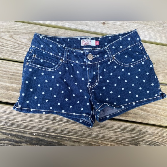 Dark Blue Denim White Polka Dot SO Juniors Jean Shorts - Picture 2 of 5